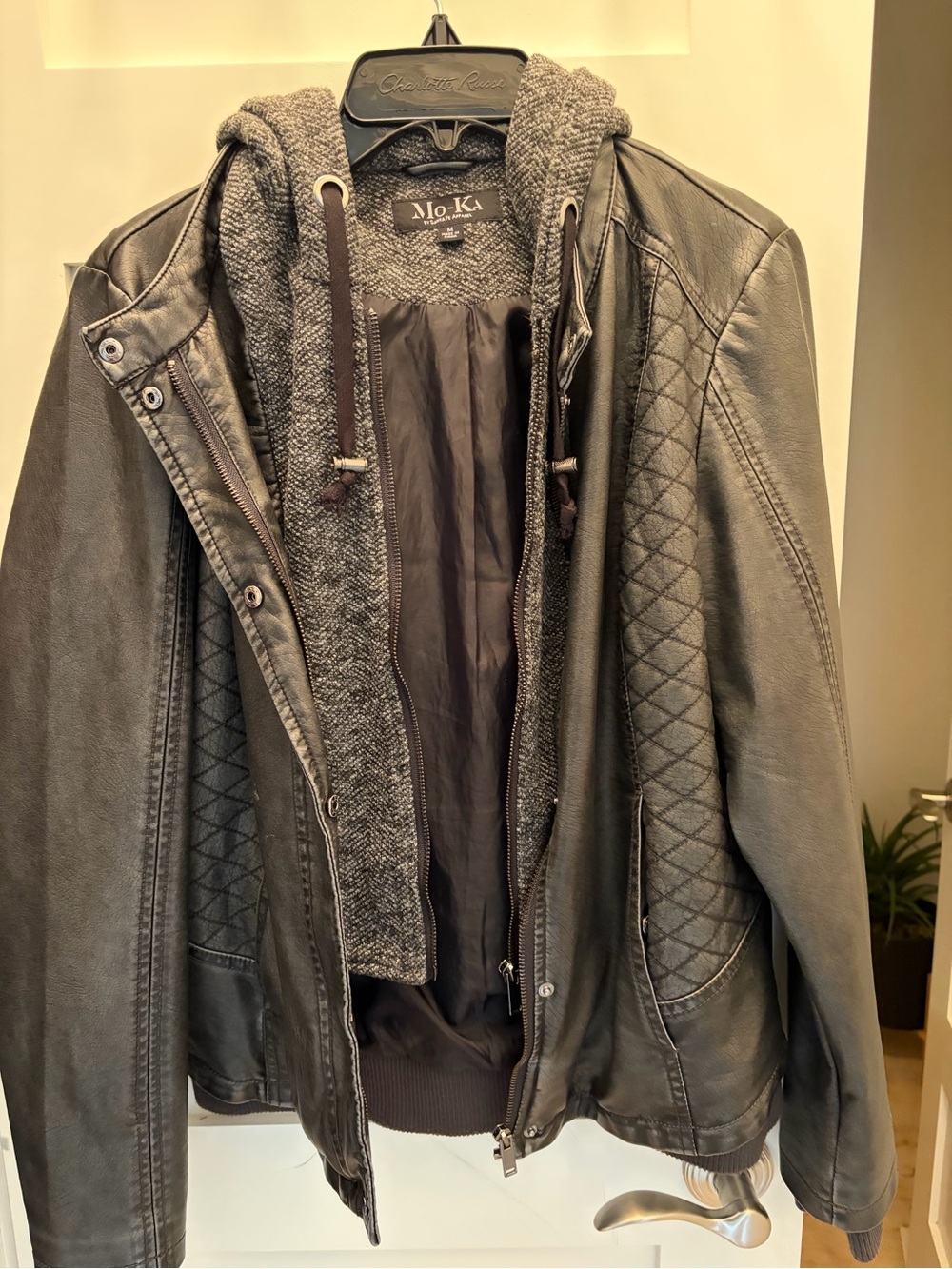 Mo.Ka Women’s Black Quilted Faux Leather Jacket with Knit Hooded Liner